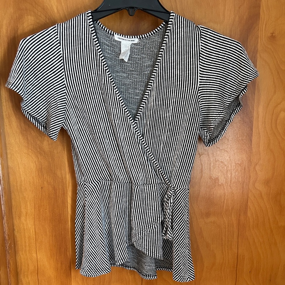 Caution To The Wind Black & White Striped Wrap Peplum Top
